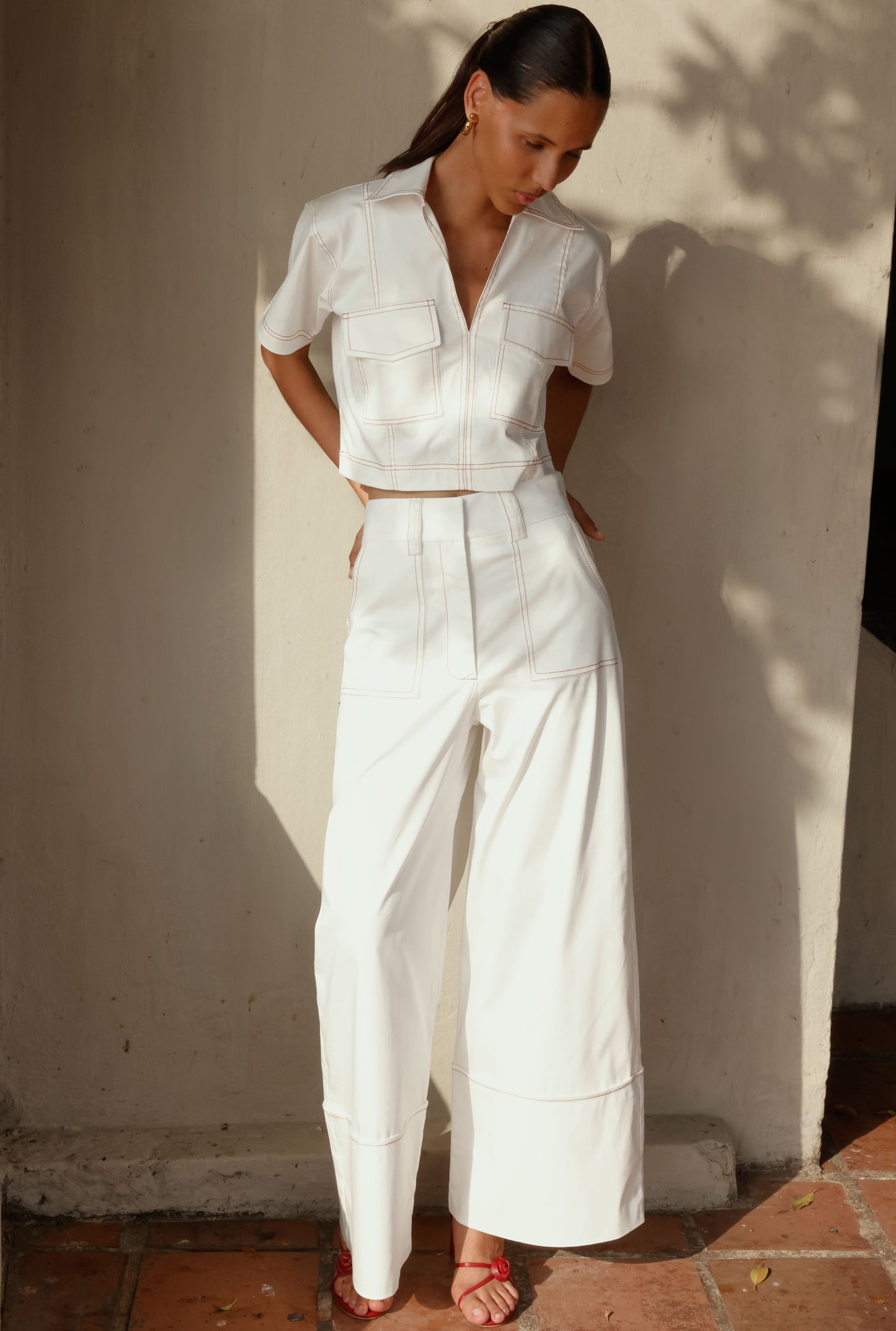 FREYA BLOUSE WHITE / BRICK RED
