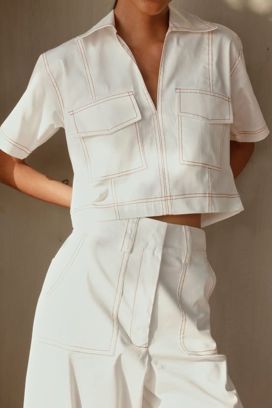FREYA BLOUSE  WHITE / BRICK RED
